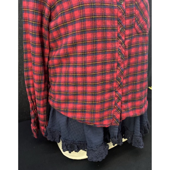 BDG Urban Outfitter Louie Red Plaid Flannel Shirt Layered Lace Ruffled Detail SP - Picture 5 of 14